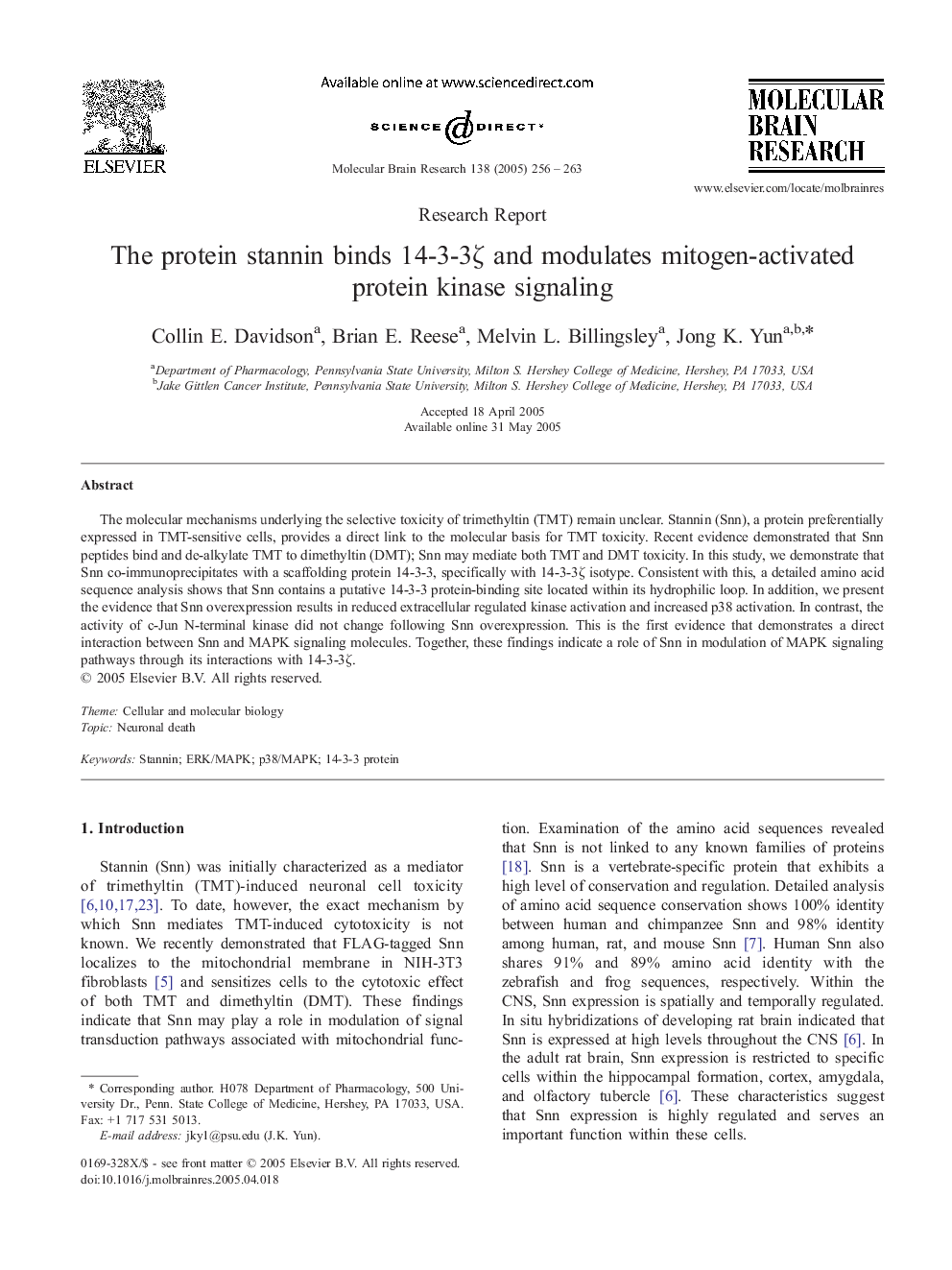 The protein stannin binds 14-3-3Î¶ and modulates mitogen-activated protein kinase signaling