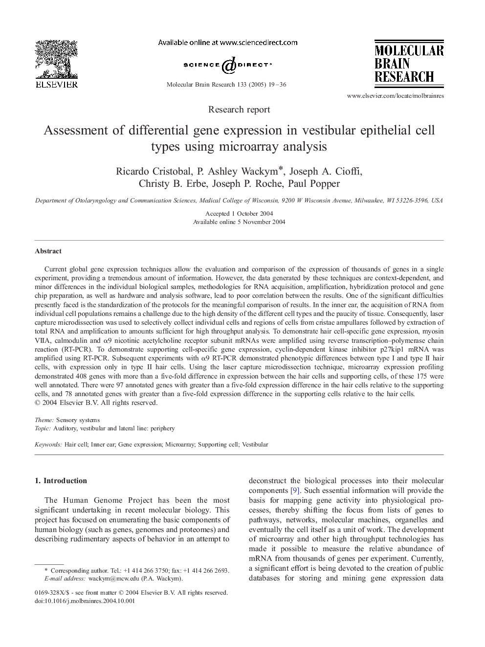 Assessment of differential gene expression in vestibular epithelial cell types using microarray analysis