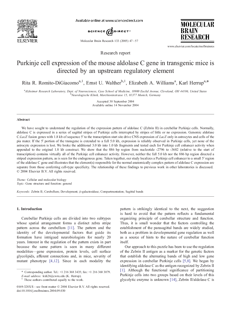 Purkinje cell expression of the mouse aldolase C gene in transgenic mice is directed by an upstream regulatory element