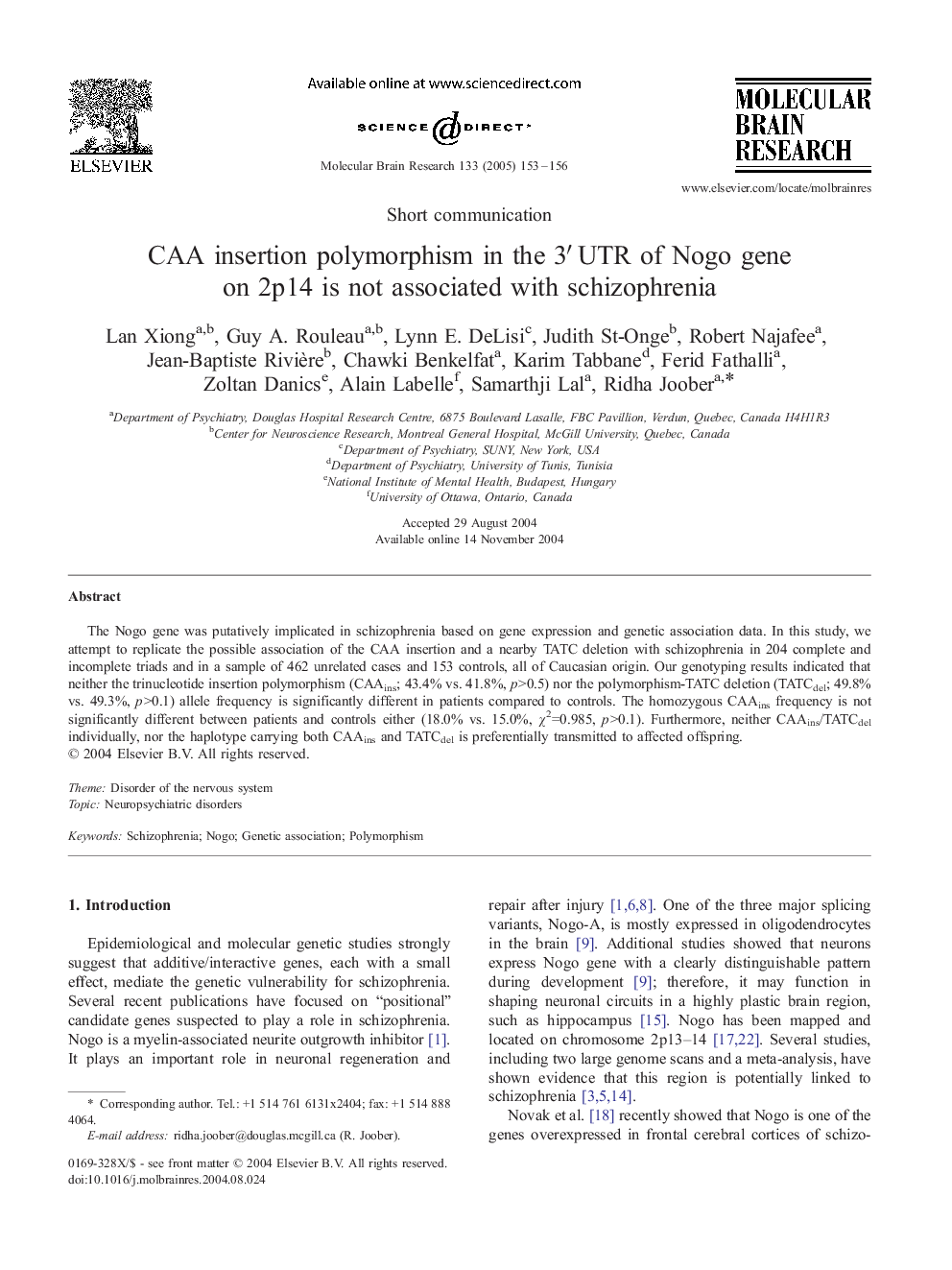 CAA insertion polymorphism in the 3â²UTR of Nogo gene on 2p14 is not associated with schizophrenia