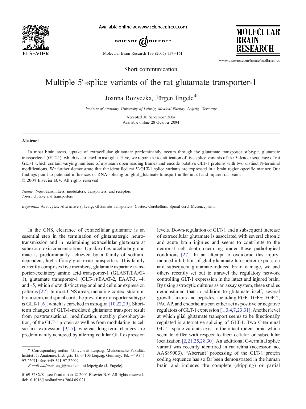 Multiple 5â²-splice variants of the rat glutamate transporter-1