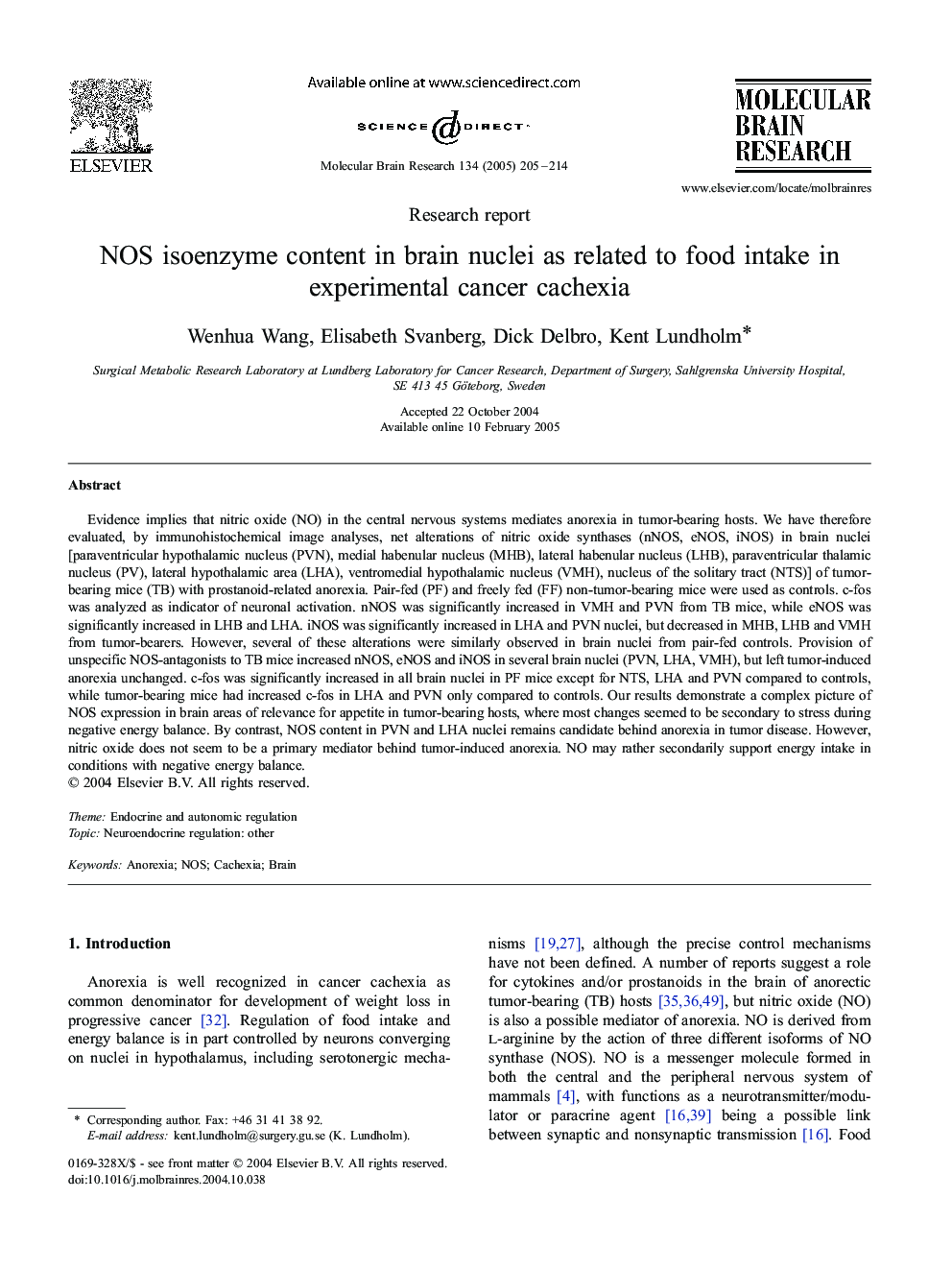 NOS isoenzyme content in brain nuclei as related to food intake in experimental cancer cachexia