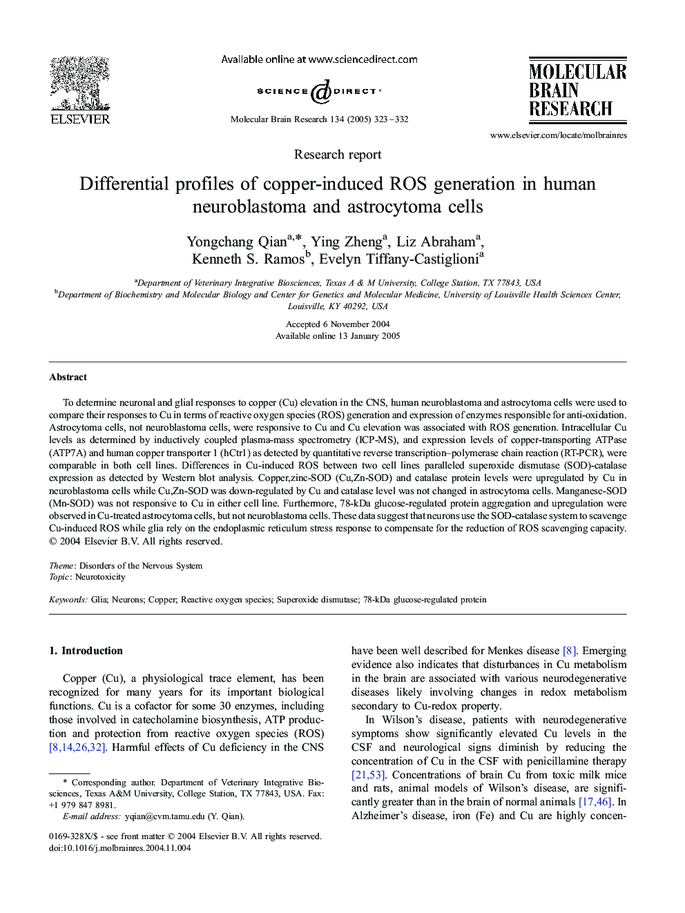 Differential profiles of copper-induced ROS generation in human neuroblastoma and astrocytoma cells