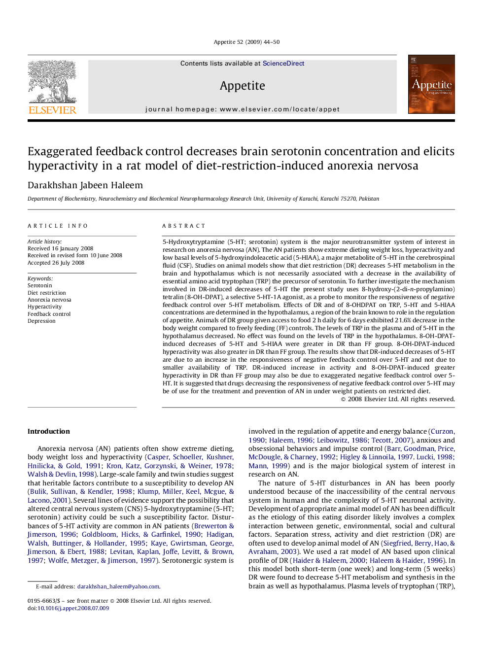 Exaggerated feedback control decreases brain serotonin concentration and elicits hyperactivity in a rat model of diet-restriction-induced anorexia nervosa