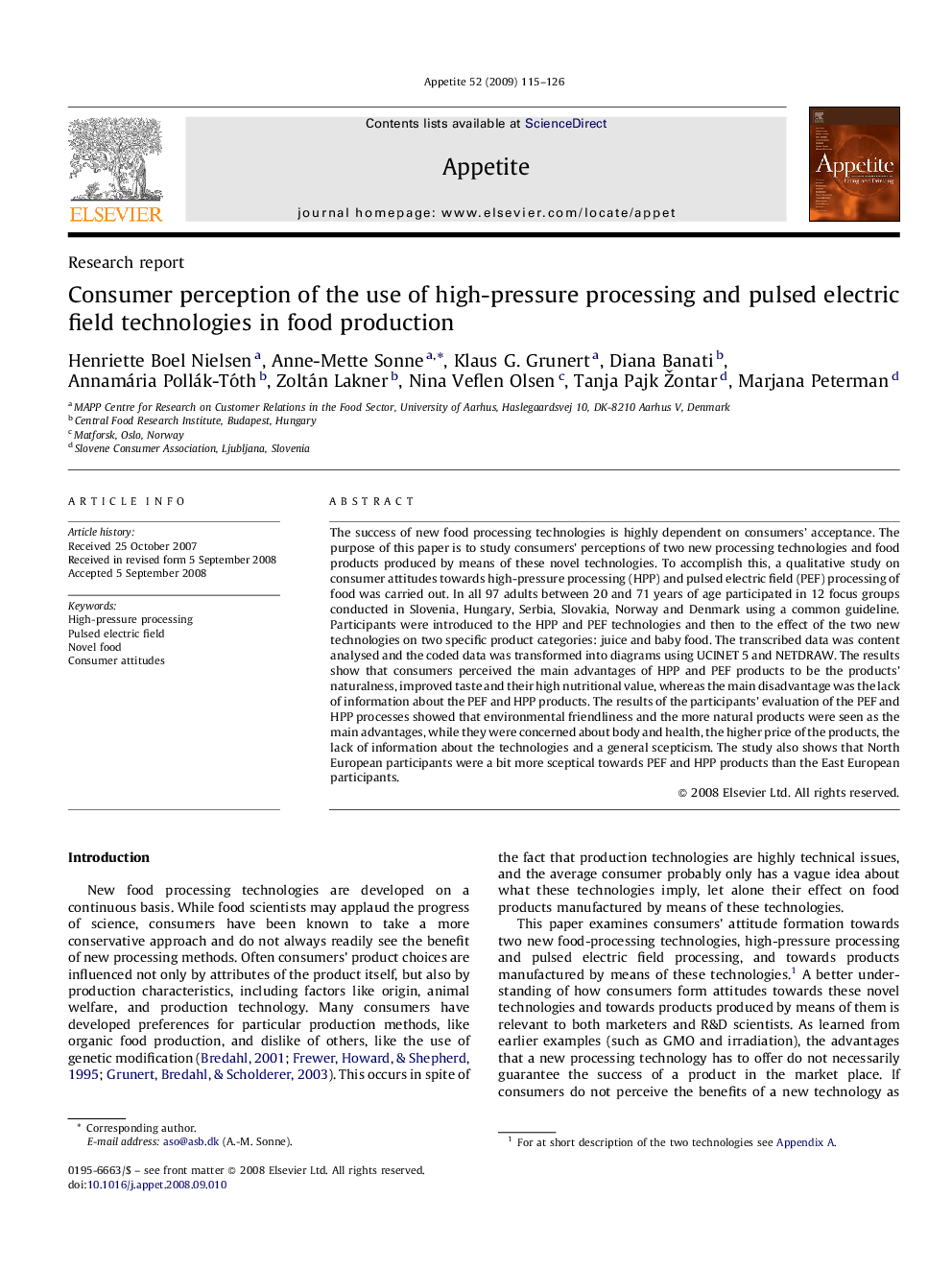 Consumer perception of the use of high-pressure processing and pulsed electric field technologies in food production