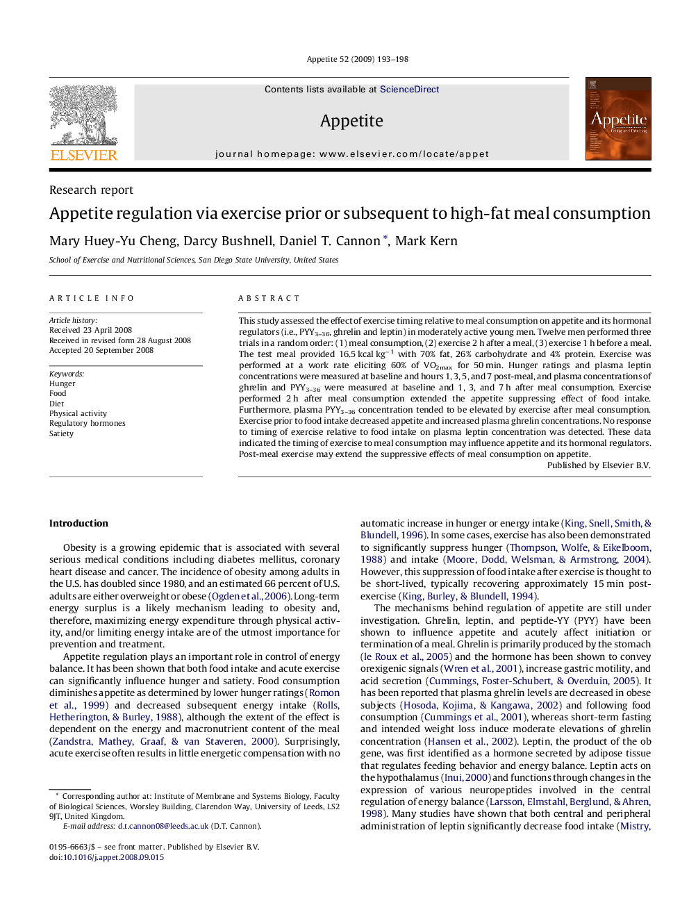 Appetite regulation via exercise prior or subsequent to high-fat meal consumption