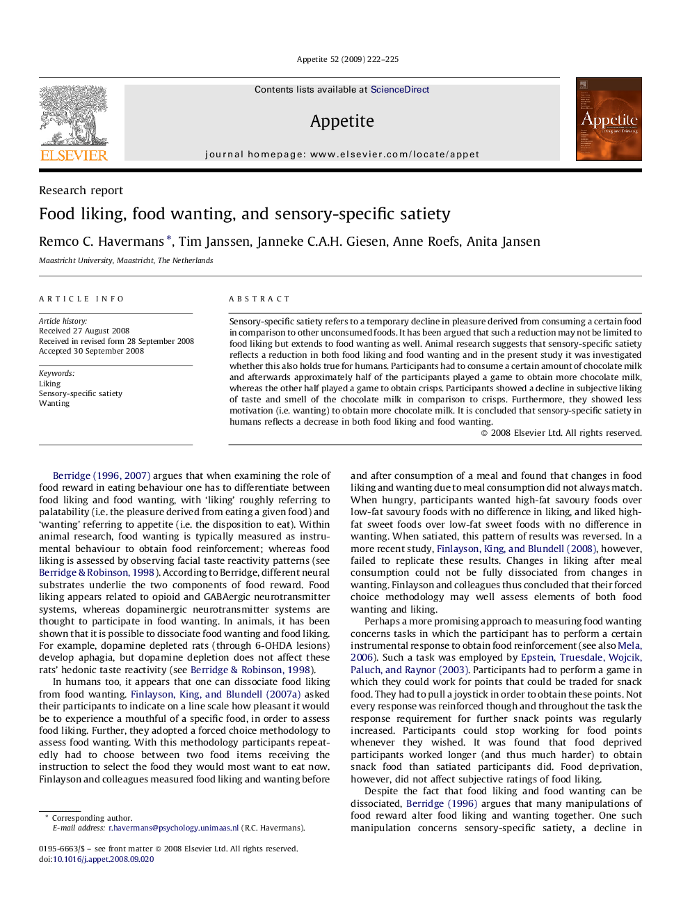 Food liking, food wanting, and sensory-specific satiety