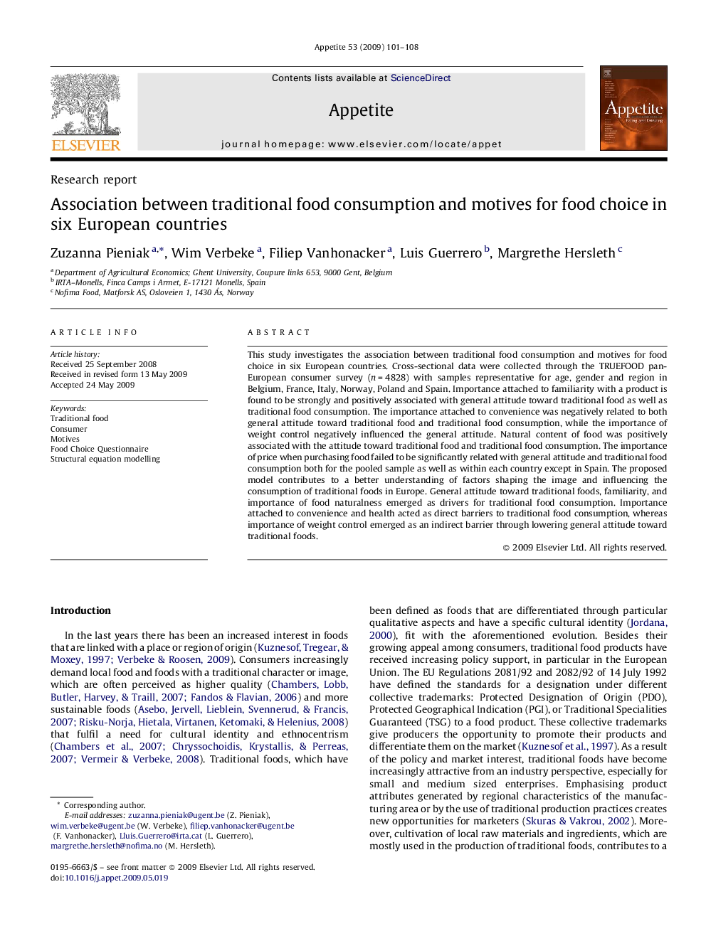 Association between traditional food consumption and motives for food choice in six European countries