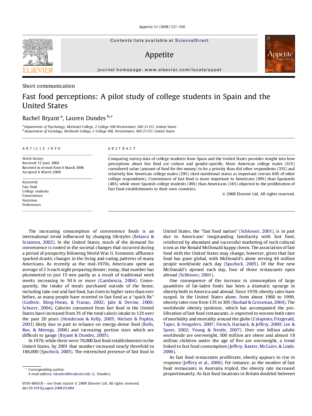 Fast food perceptions: A pilot study of college students in Spain and the United States