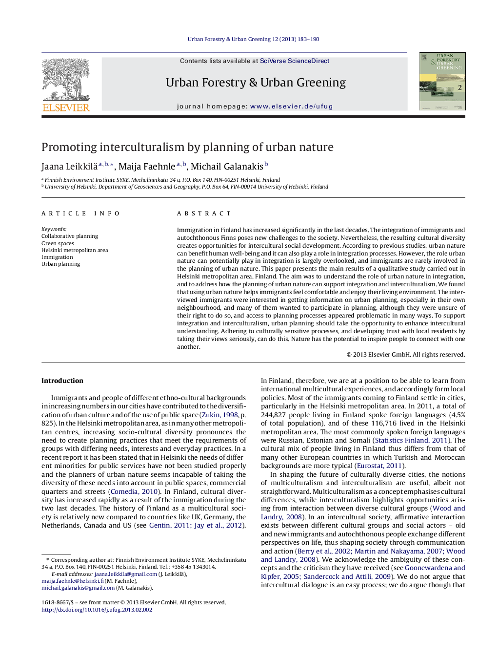 Promoting interculturalism by planning of urban nature