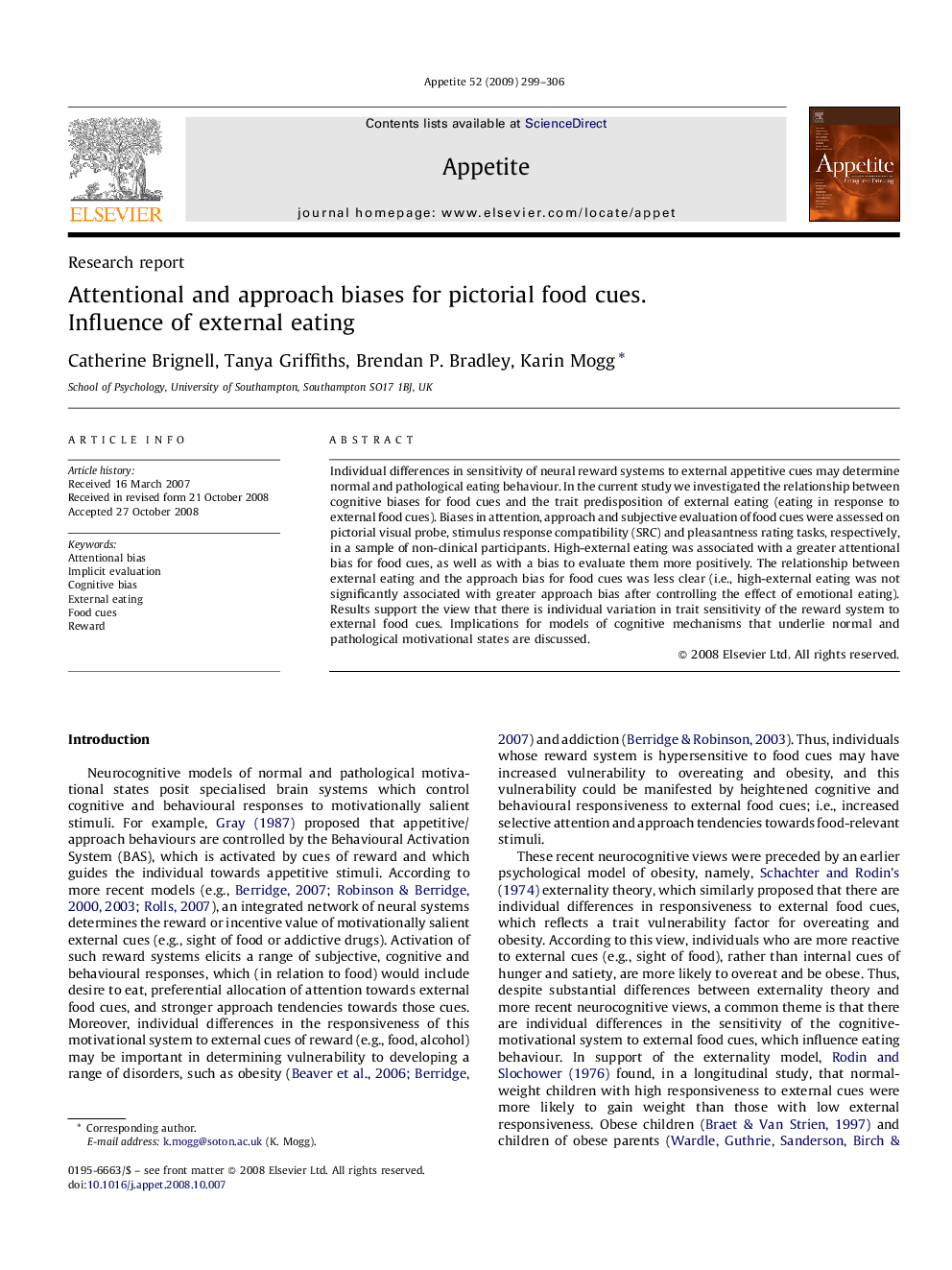 Attentional and approach biases for pictorial food cues. Influence of external eating