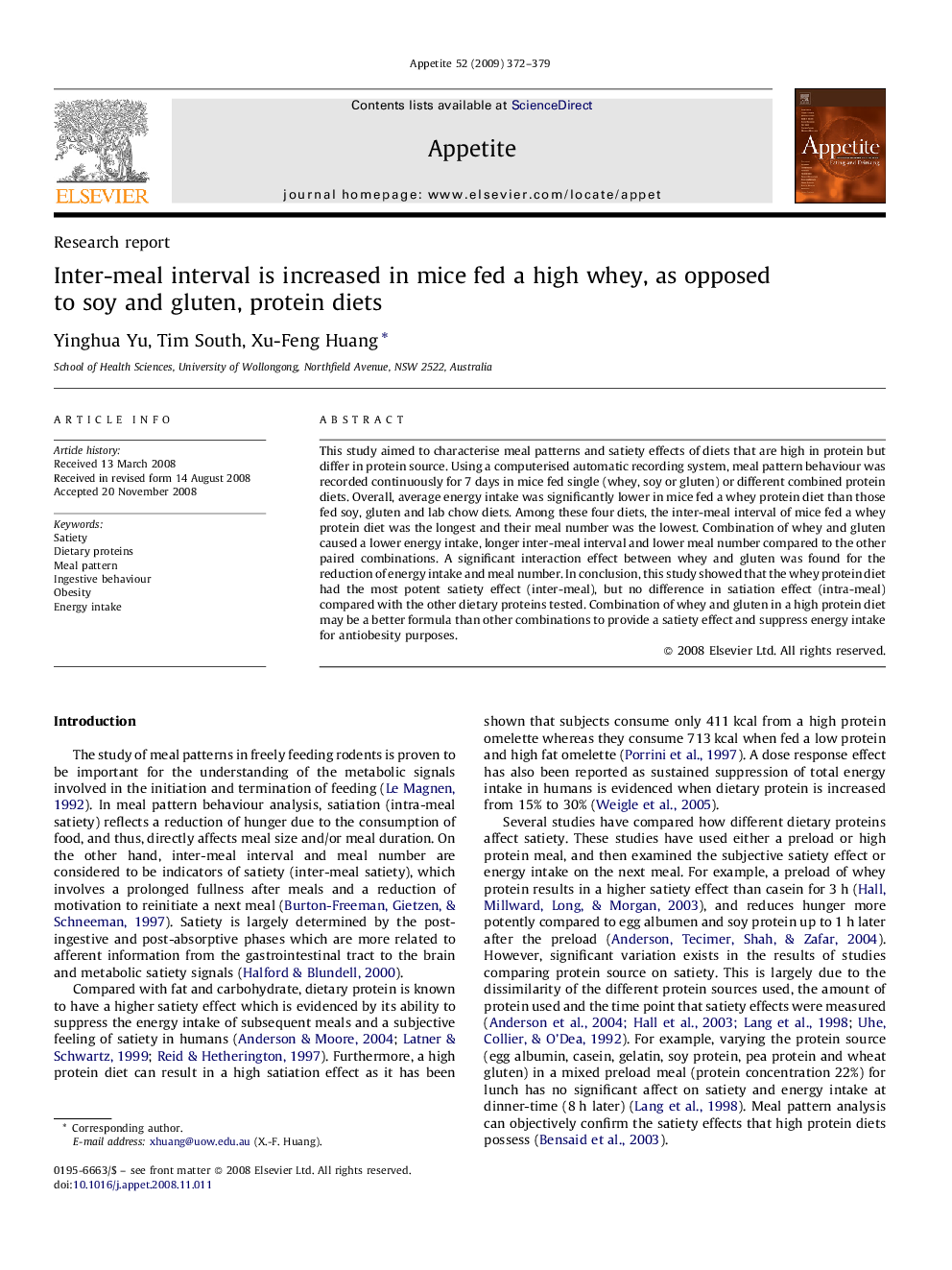 Inter-meal interval is increased in mice fed a high whey, as opposed to soy and gluten, protein diets