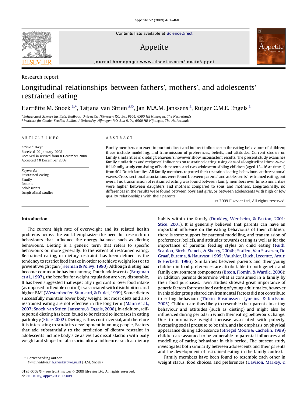 Longitudinal relationships between fathers’, mothers’, and adolescents’ restrained eating