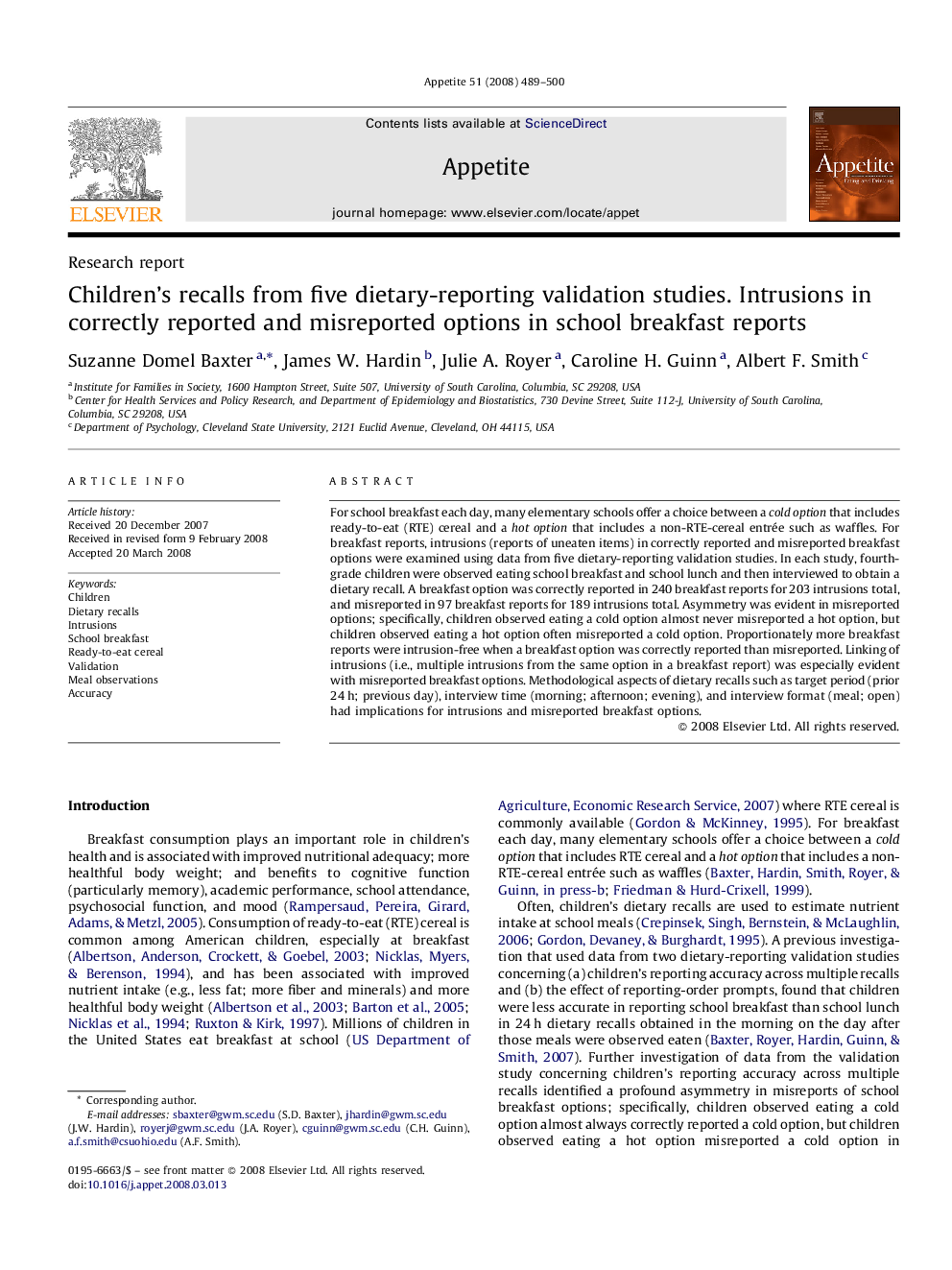 Children's recalls from five dietary-reporting validation studies. Intrusions in correctly reported and misreported options in school breakfast reports