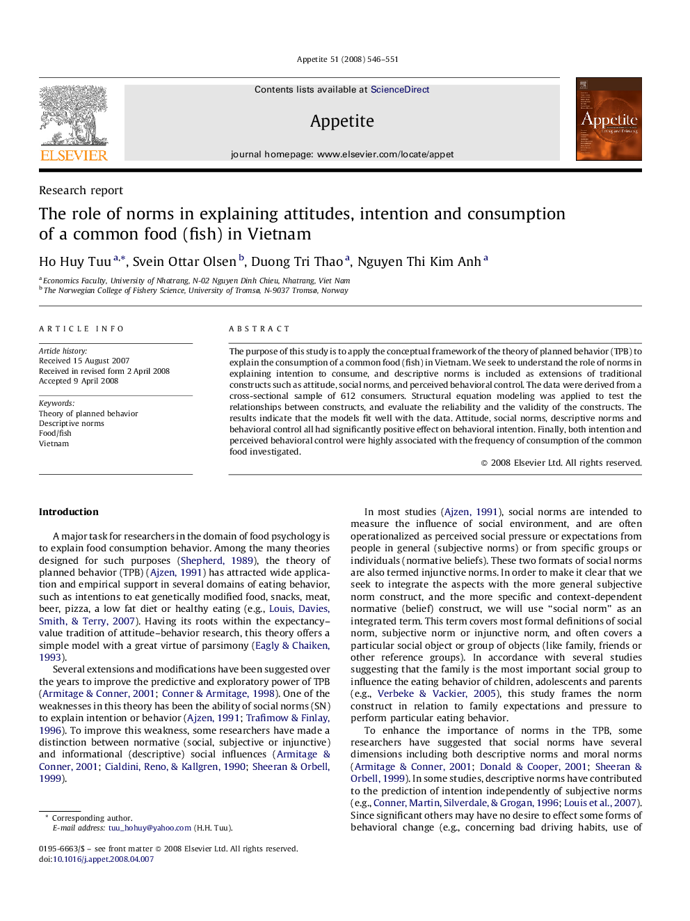 The role of norms in explaining attitudes, intention and consumption of a common food (fish) in Vietnam