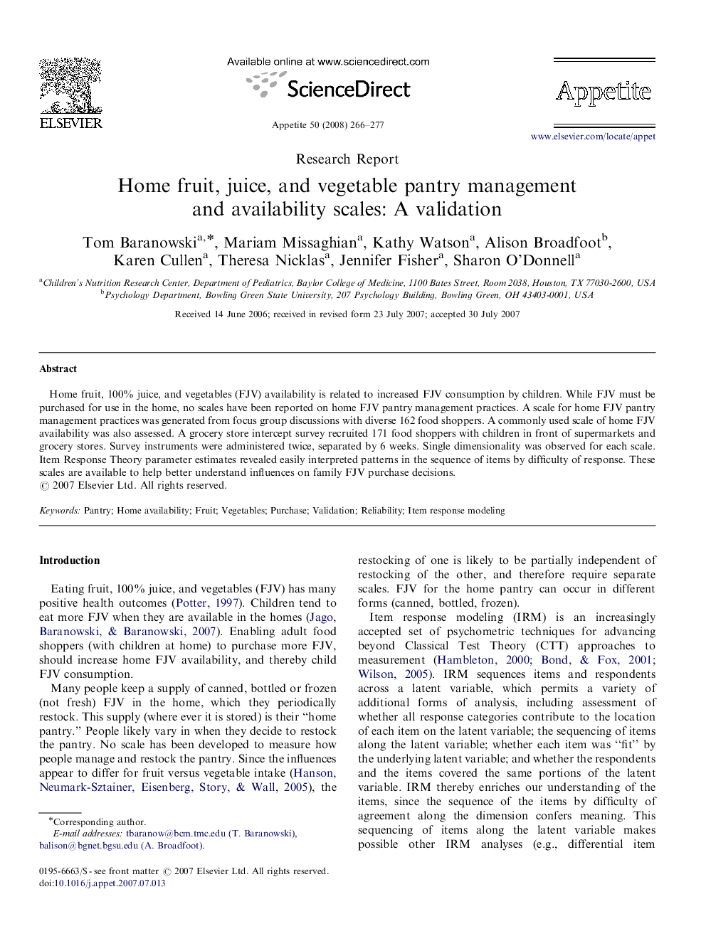 Home fruit, juice, and vegetable pantry management and availability scales: A validation