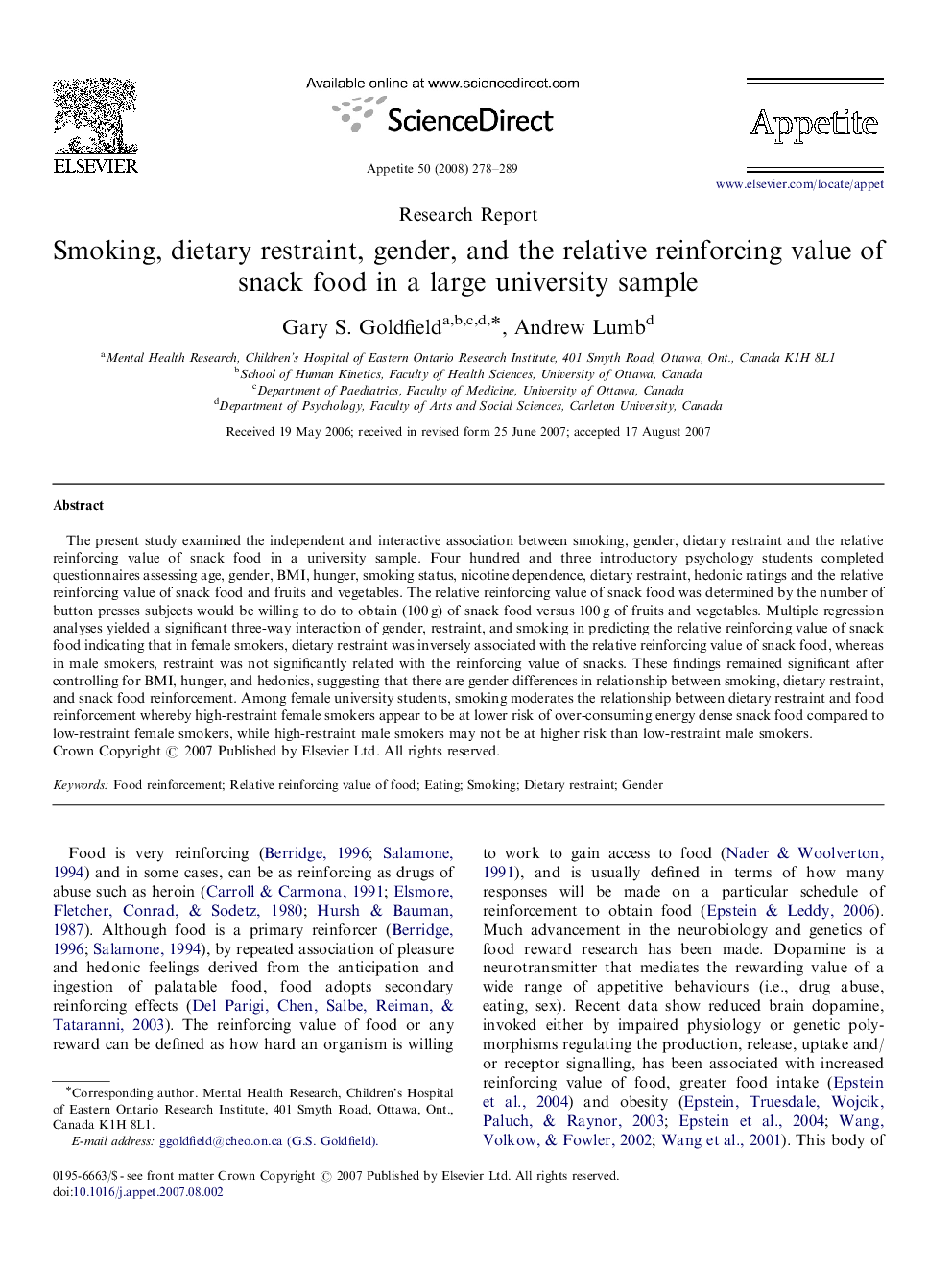 Smoking, dietary restraint, gender, and the relative reinforcing value of snack food in a large university sample