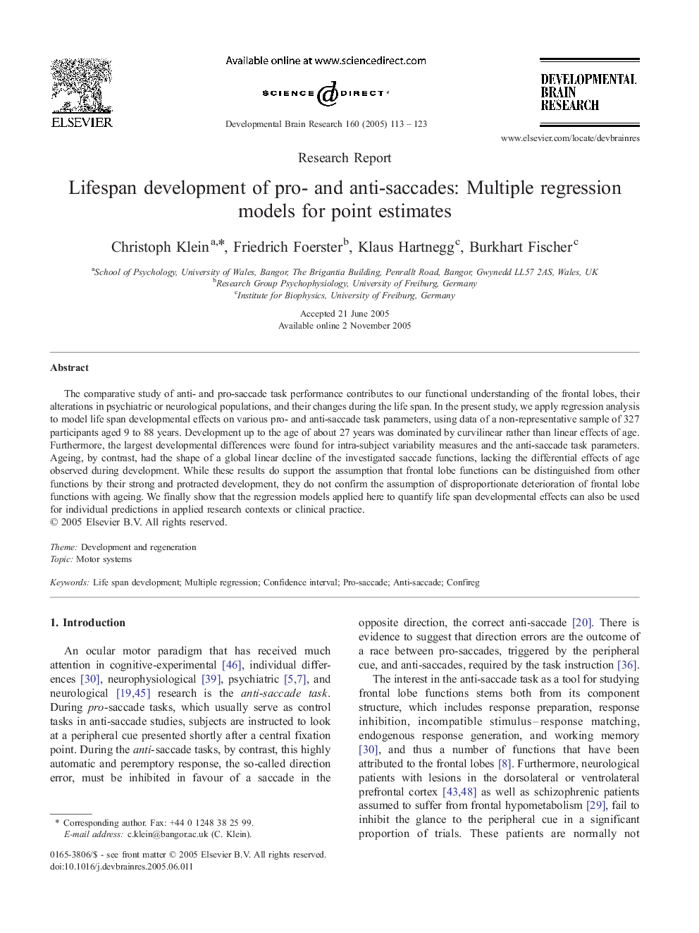 Lifespan development of pro- and anti-saccades: Multiple regression models for point estimates