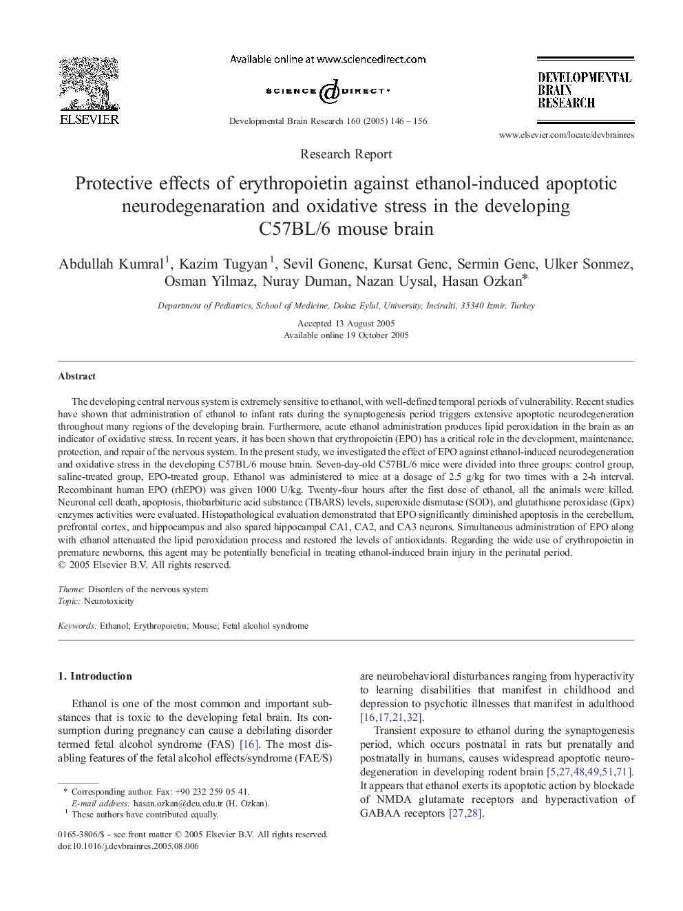 Protective effects of erythropoietin against ethanol-induced apoptotic neurodegenaration and oxidative stress in the developing C57BL/6 mouse brain