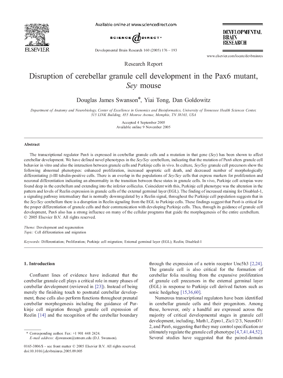 Disruption of cerebellar granule cell development in the Pax6 mutant, Sey mouse