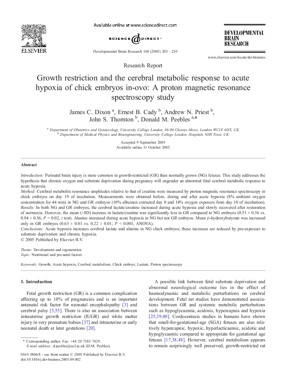 Growth restriction and the cerebral metabolic response to acute hypoxia of chick embryos in-ovo: A proton magnetic resonance spectroscopy study