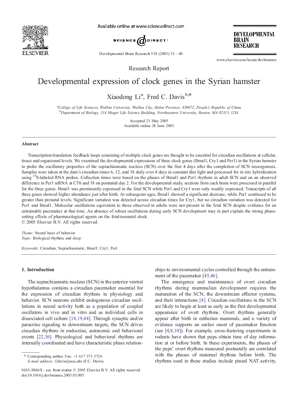 Developmental expression of clock genes in the Syrian hamster