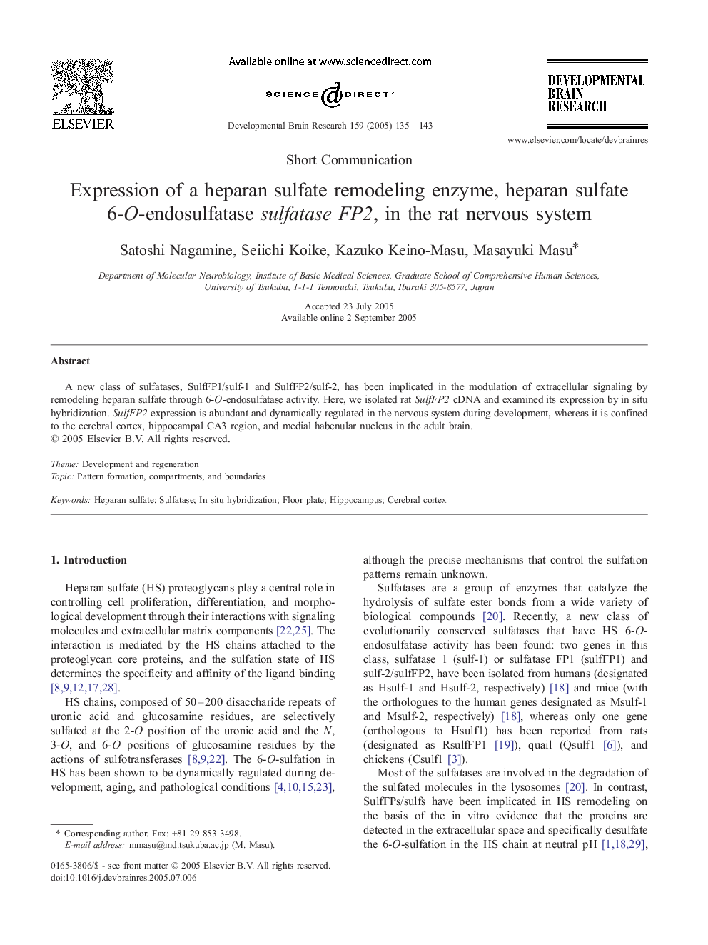 Expression of a heparan sulfate remodeling enzyme, heparan sulfate 6-O-endosulfatase sulfatase FP2, in the rat nervous system