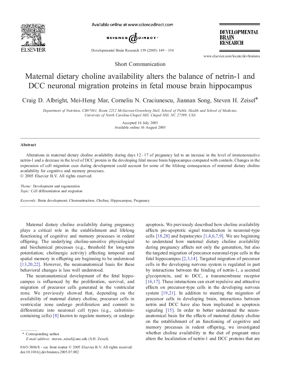 Maternal dietary choline availability alters the balance of netrin-1 and DCC neuronal migration proteins in fetal mouse brain hippocampus