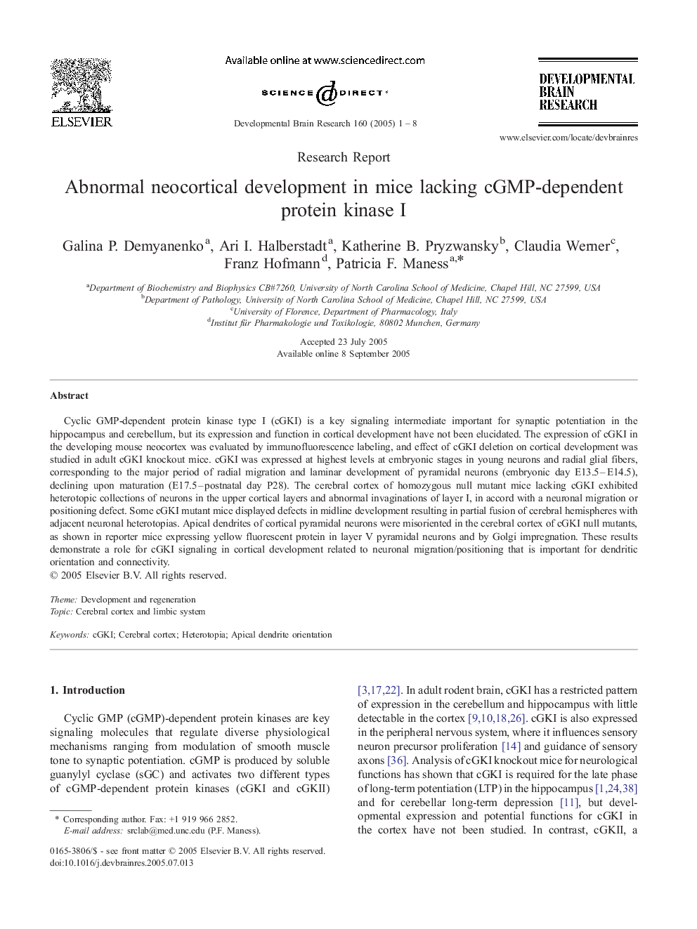 Abnormal neocortical development in mice lacking cGMP-dependent protein kinase I