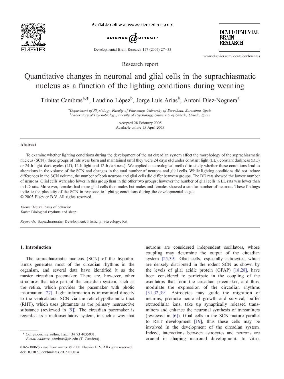 Quantitative changes in neuronal and glial cells in the suprachiasmatic nucleus as a function of the lighting conditions during weaning