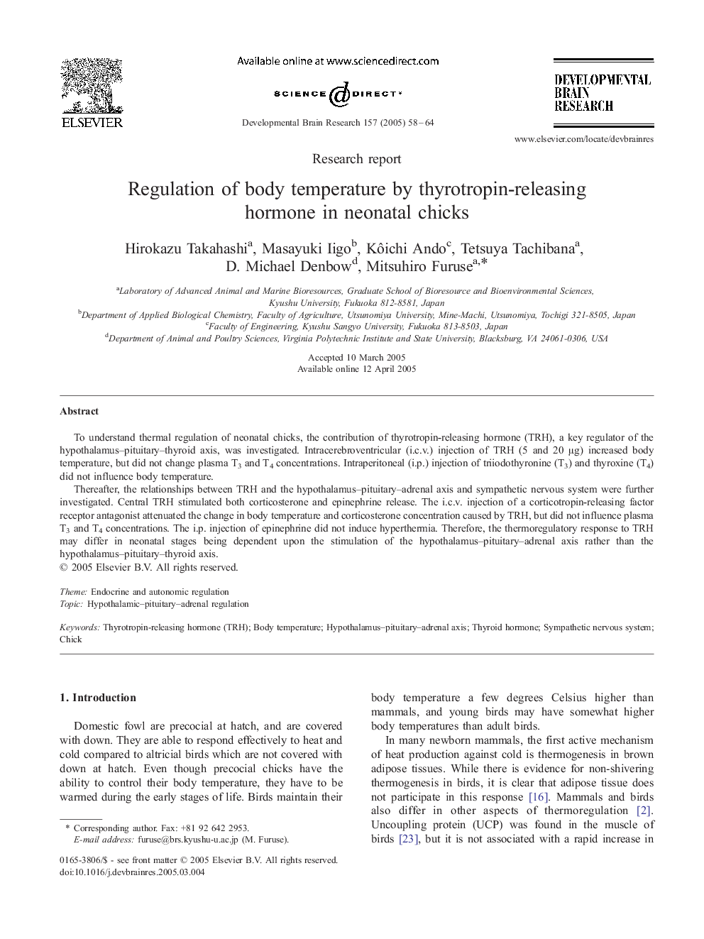 Regulation of body temperature by thyrotropin-releasing hormone in neonatal chicks