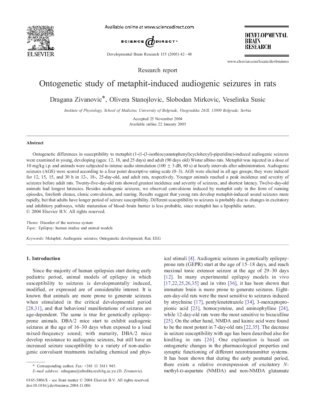 Ontogenetic study of metaphit-induced audiogenic seizures in rats