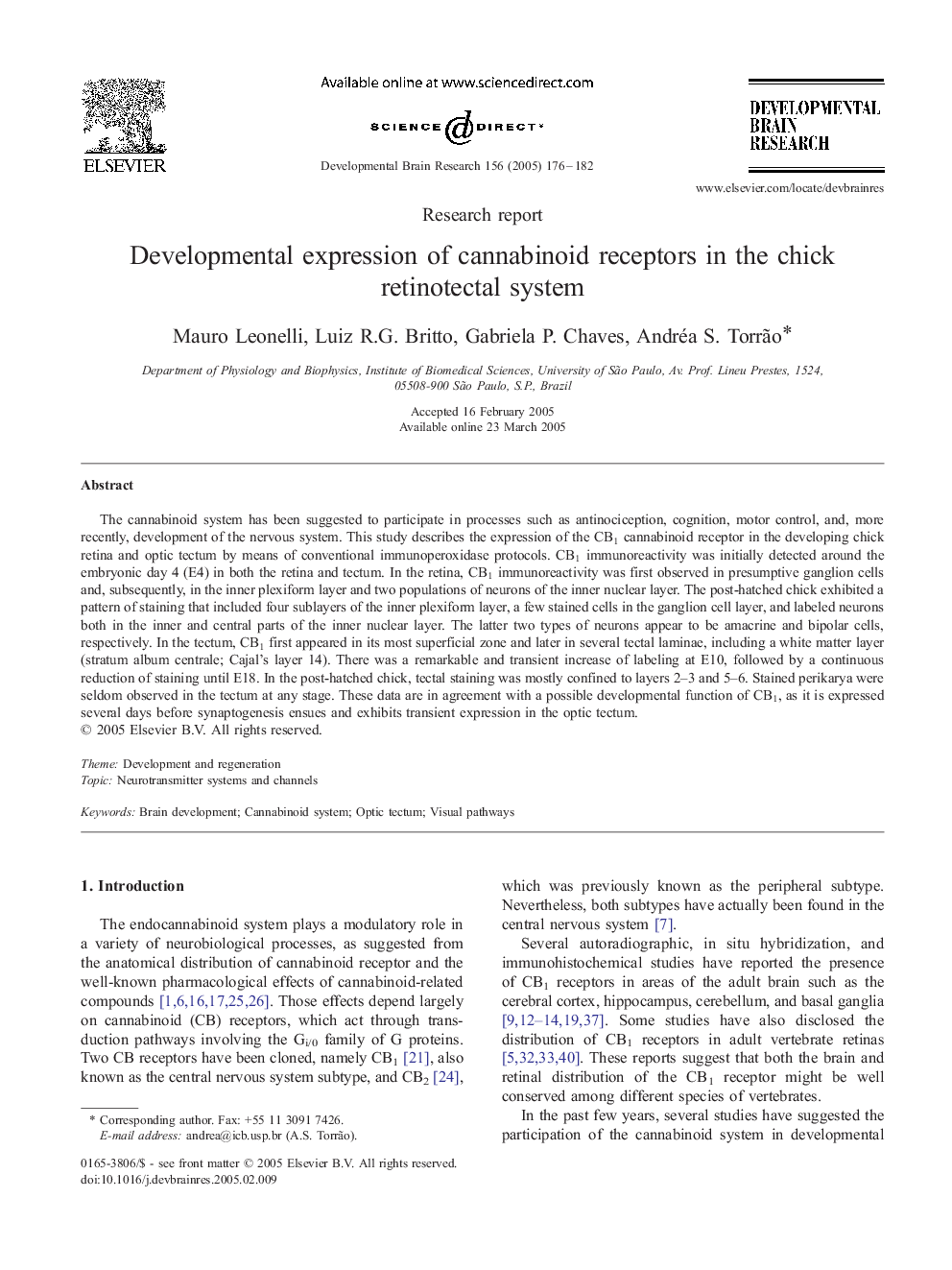 Developmental expression of cannabinoid receptors in the chick retinotectal system