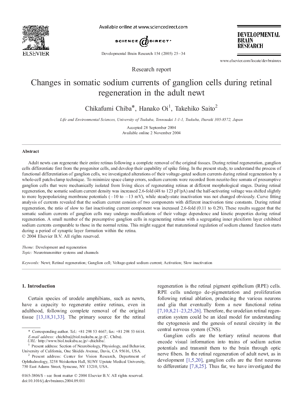 Changes in somatic sodium currents of ganglion cells during retinal regeneration in the adult newt