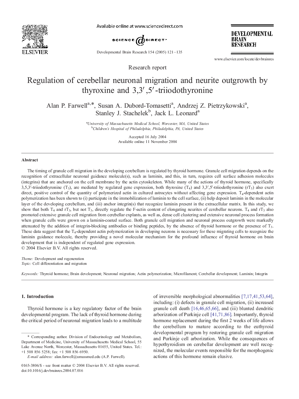 Regulation of cerebellar neuronal migration and neurite outgrowth by thyroxine and 3,3â²,5â²-triiodothyronine