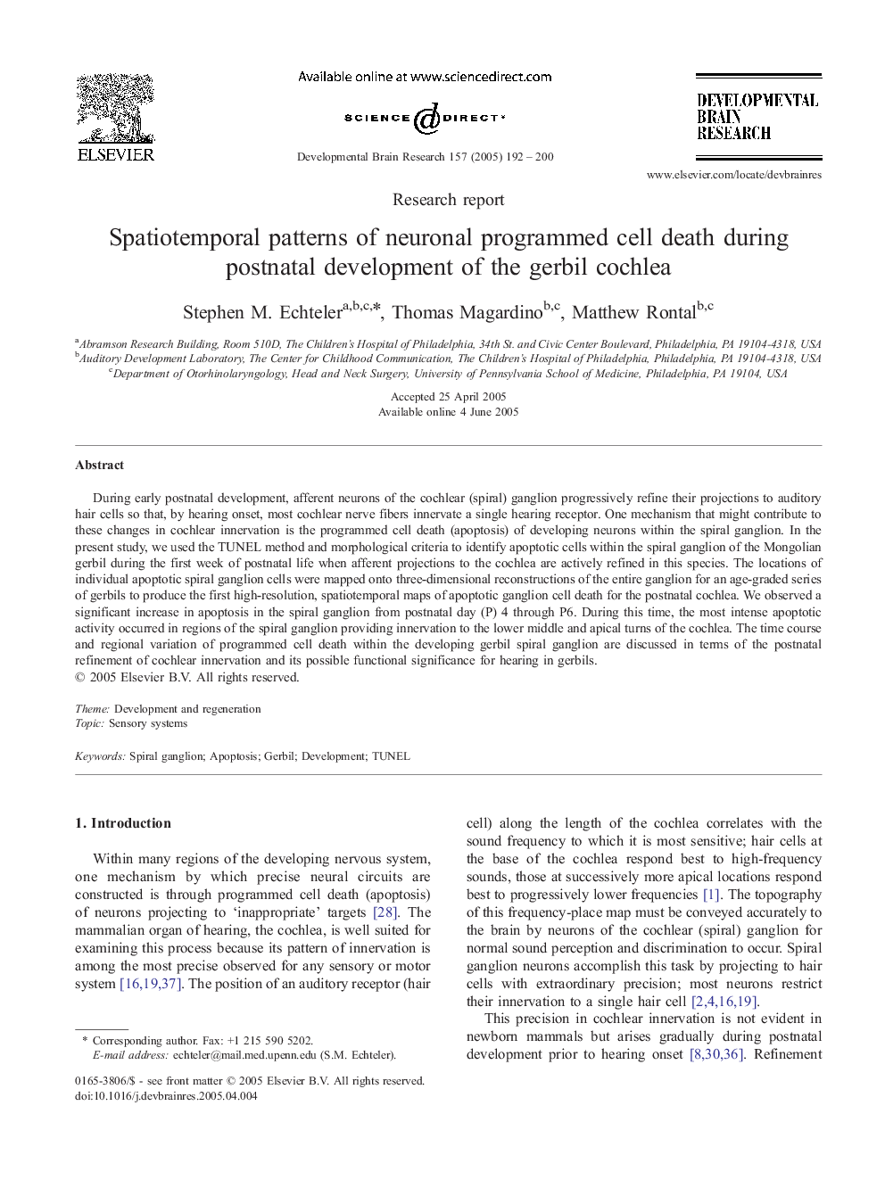 Spatiotemporal patterns of neuronal programmed cell death during postnatal development of the gerbil cochlea