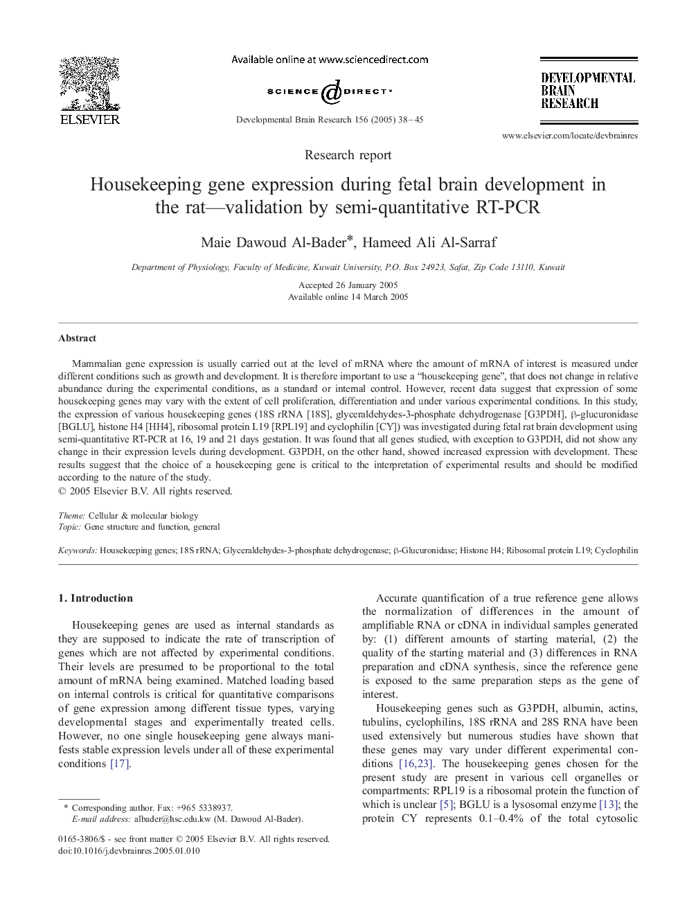 Housekeeping gene expression during fetal brain development in the rat-validation by semi-quantitative RT-PCR