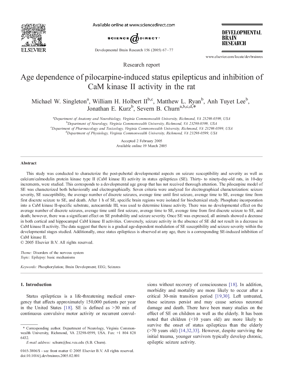 Age dependence of pilocarpine-induced status epilepticus and inhibition of CaM kinase II activity in the rat