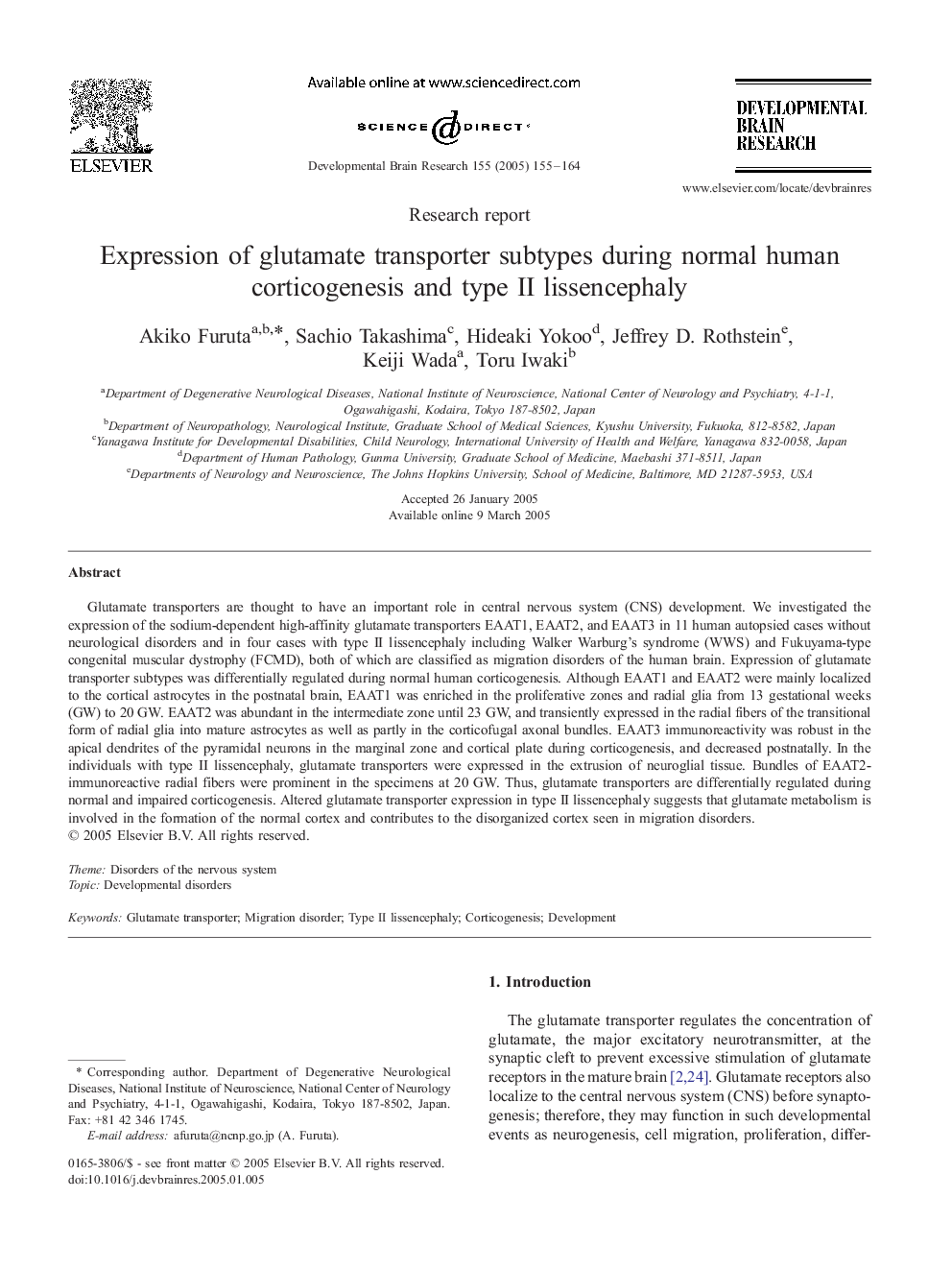 Expression of glutamate transporter subtypes during normal human corticogenesis and type II lissencephaly