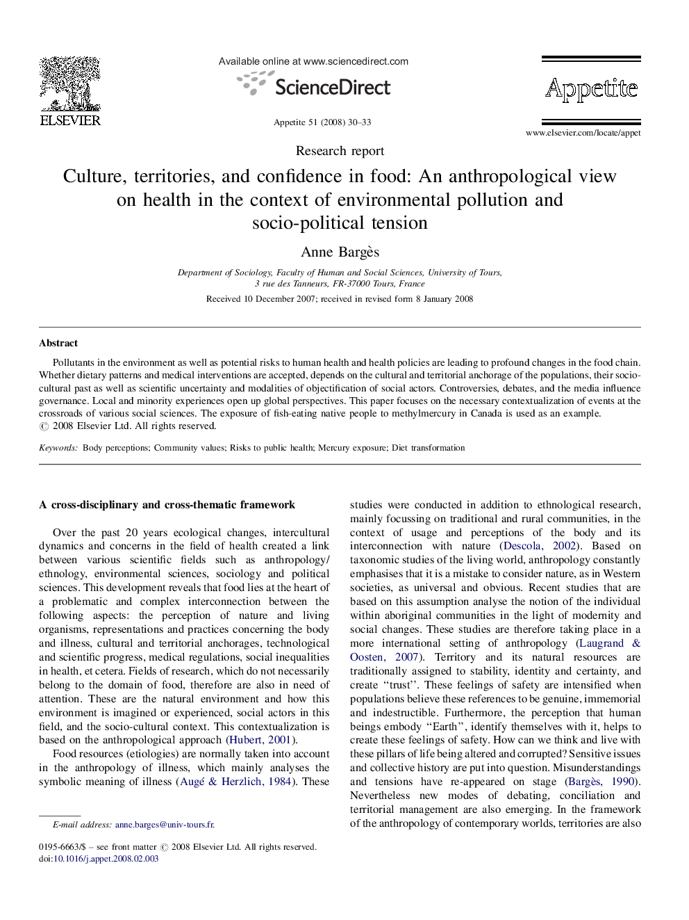 Culture, territories, and confidence in food: An anthropological view on health in the context of environmental pollution and socio-political tension