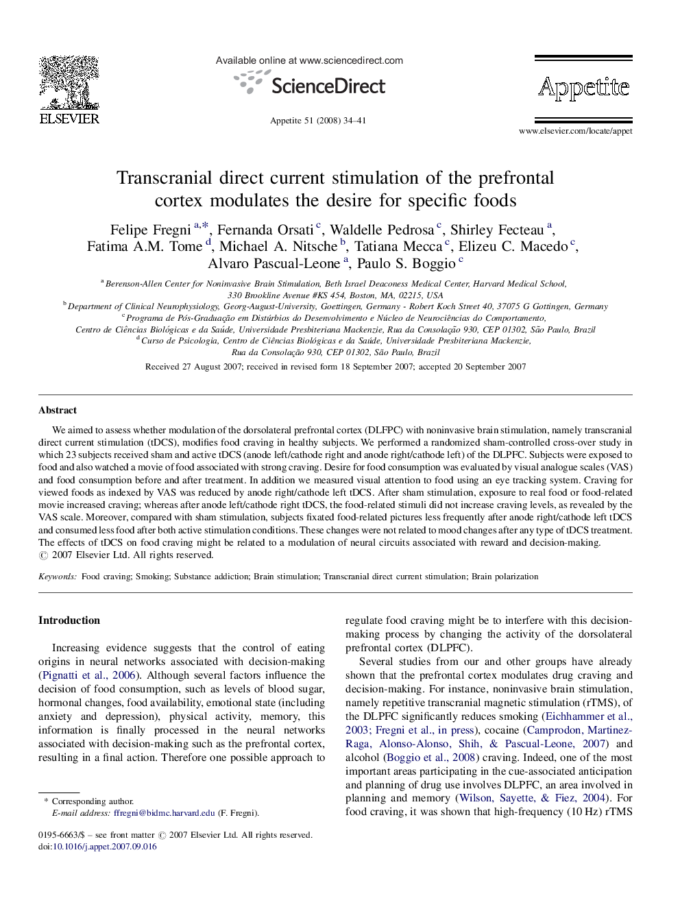 Transcranial direct current stimulation of the prefrontal cortex modulates the desire for specific foods