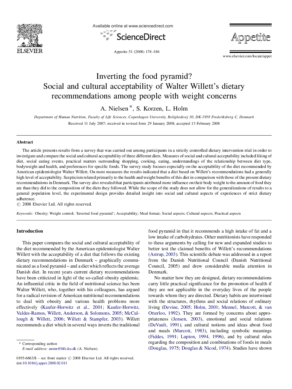 Inverting the food pyramid?: Social and cultural acceptability of Walter Willett's dietary recommendations among people with weight concerns