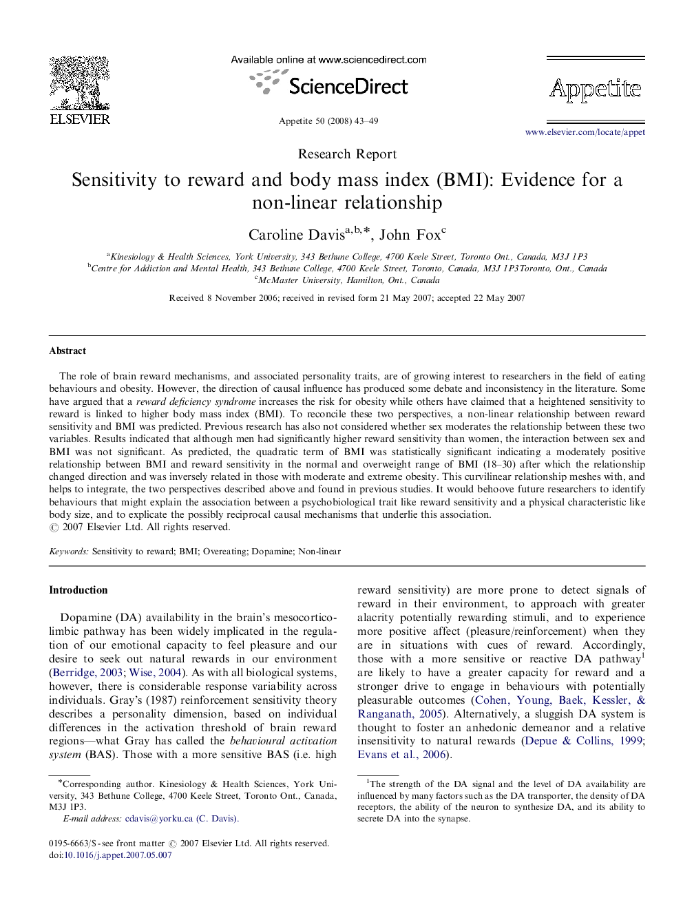 Sensitivity to reward and body mass index (BMI): Evidence for a non-linear relationship