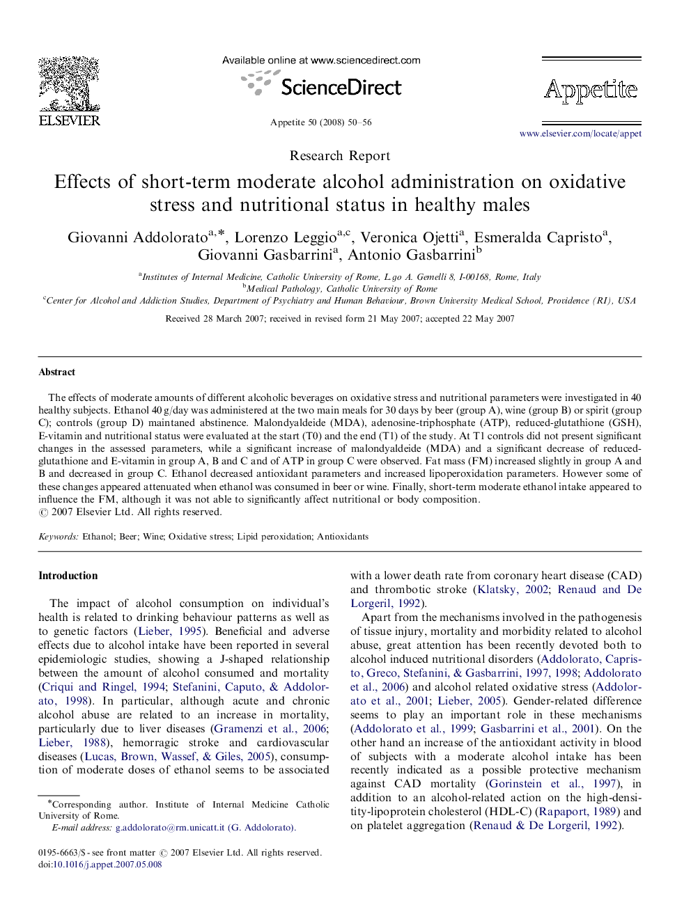 Effects of short-term moderate alcohol administration on oxidative stress and nutritional status in healthy males