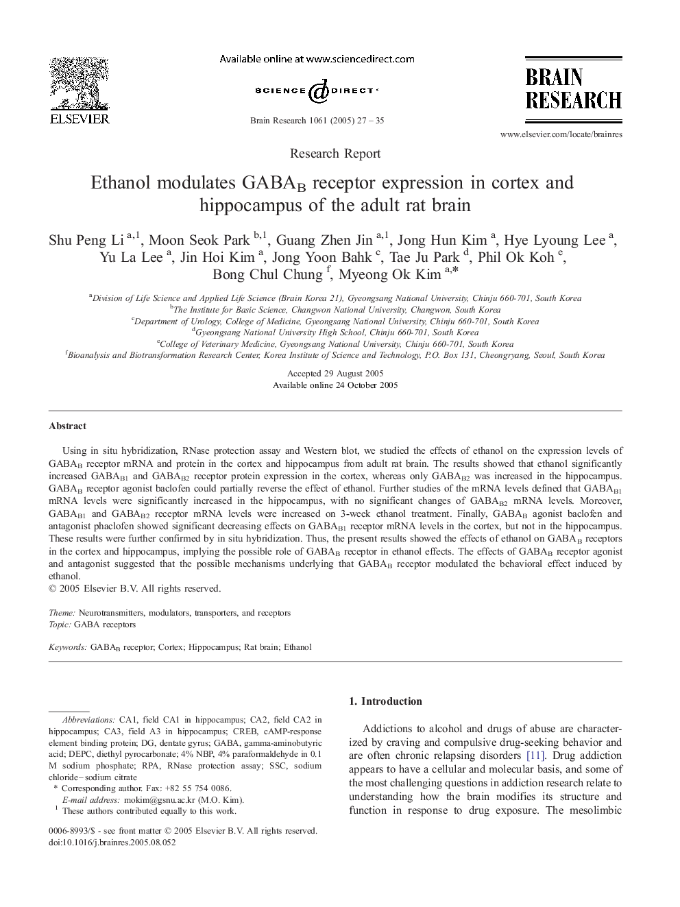 Ethanol modulates GABAB receptor expression in cortex and hippocampus of the adult rat brain