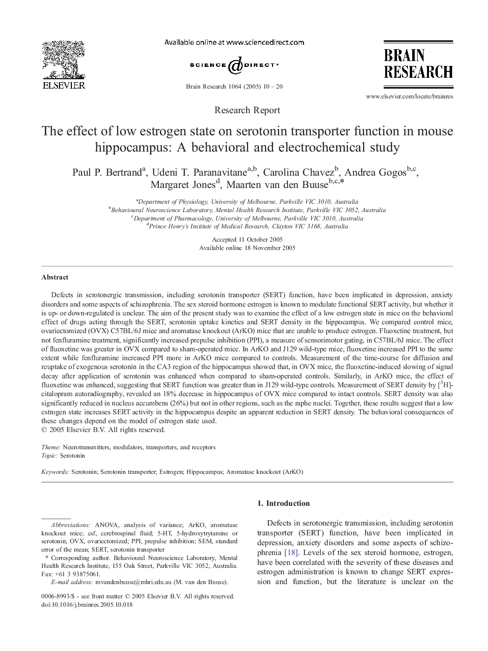 The effect of low estrogen state on serotonin transporter function in mouse hippocampus: A behavioral and electrochemical study