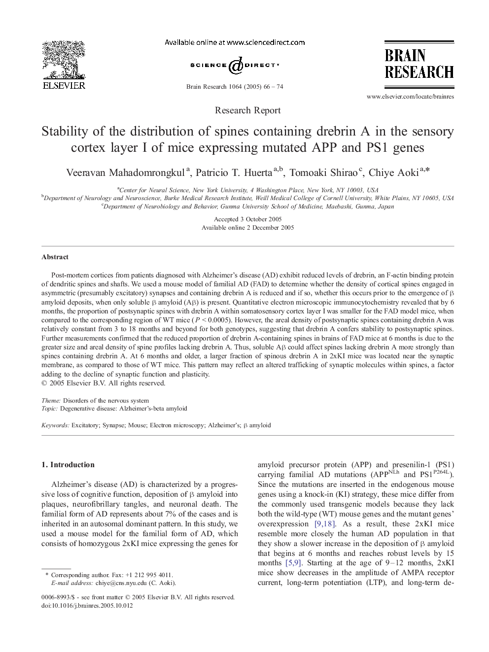 Stability of the distribution of spines containing drebrin A in the sensory cortex layer I of mice expressing mutated APP and PS1 genes