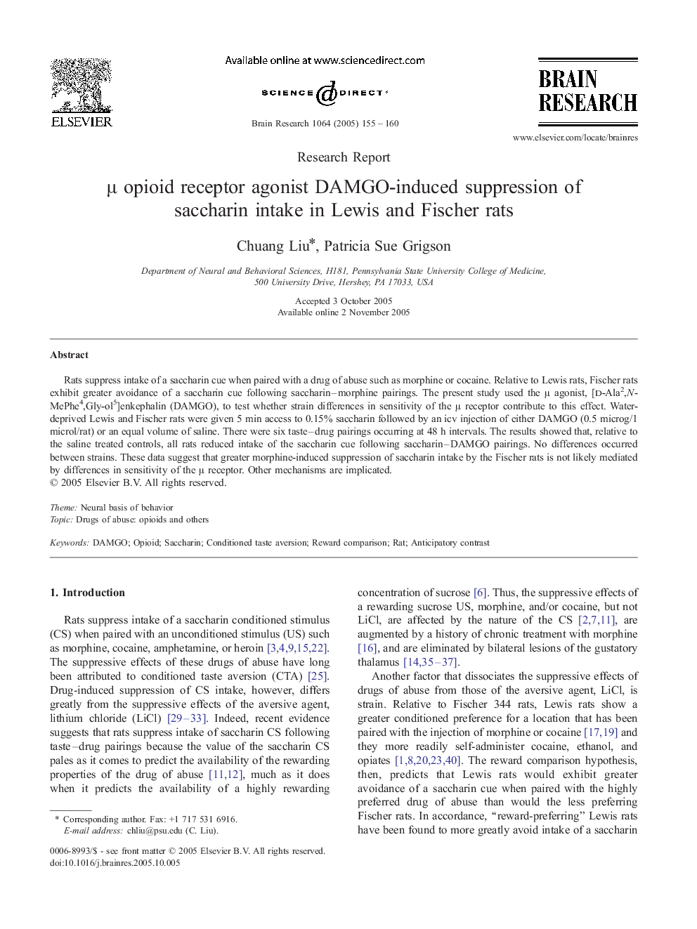 Î¼ opioid receptor agonist DAMGO-induced suppression of saccharin intake in Lewis and Fischer rats