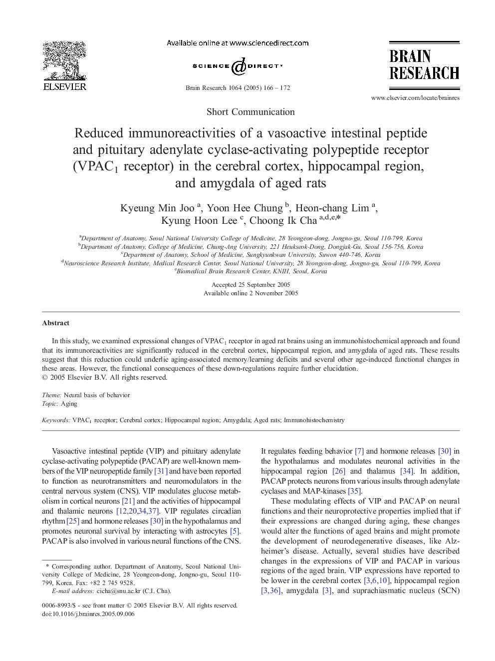 Reduced immunoreactivities of a vasoactive intestinal peptide and pituitary adenylate cyclase-activating polypeptide receptor (VPAC1 receptor) in the cerebral cortex, hippocampal region, and amygdala of aged rats