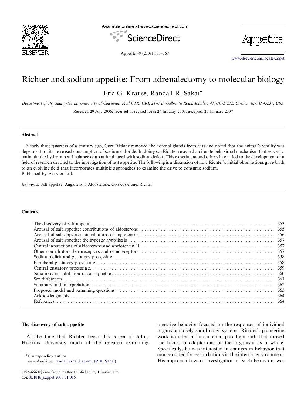 Richter and sodium appetite: From adrenalectomy to molecular biology